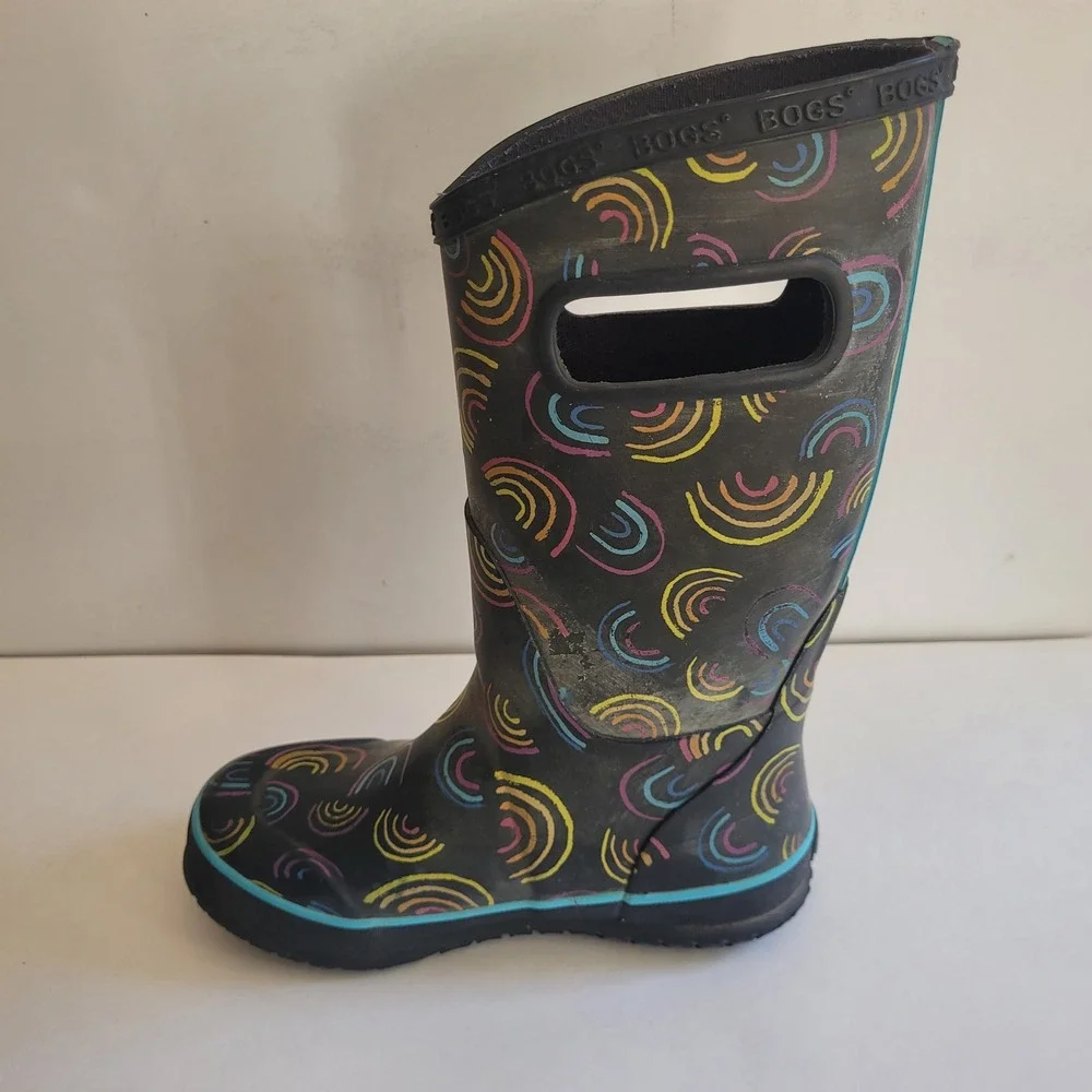 Bogs Rain Boots Youth 1 Black Wild Rainbow Waterproof Pull On